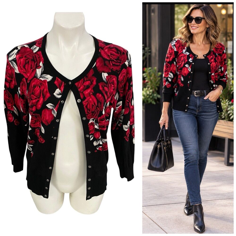 White House Black Market Cardigan Womens L Red Rose Floral Snap Front Sweater